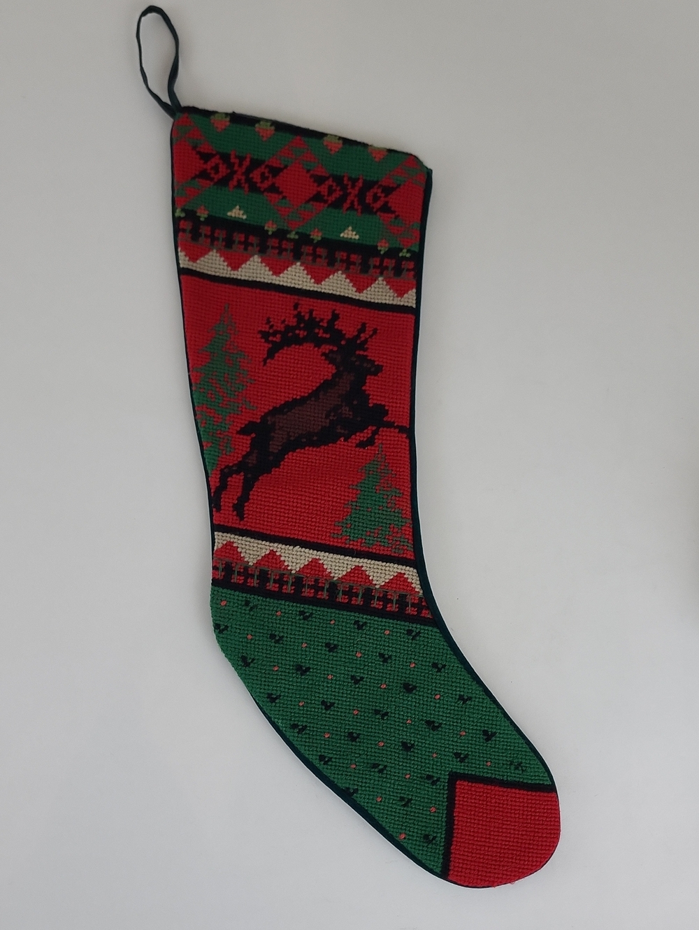 Vintage Wool Needlepoint Christmas Stocking Woodland Reindeer